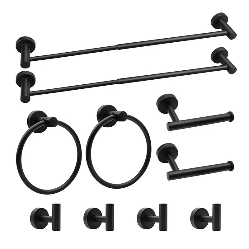 Cross-Border 304 Stainless Steel Towel Bar Black Set Punch-Free Bathroom Accessories Toilet Paper Holder Hook