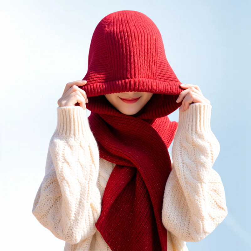 Корейская стильная уличная красная шляпа из рафии для женщин, осень и зима, модный шарф с капюшоном, теплый шаль