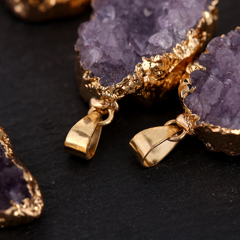 Irregular Amethyst Pendant Natural Crystal Raw Stone Gold-plated Edge Necklace Amethyst Cluster Raw Stone Pendant Cross-border