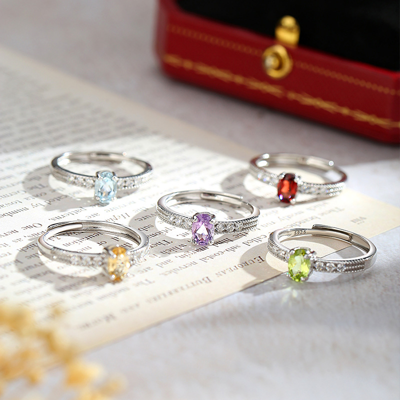 S925 Sterling Silver Natural Colored Gemstone Ring Ins Light Luxury Style Natural Crystal Stone Adjustable Index Finger Ring Middle Finger Ring for Women