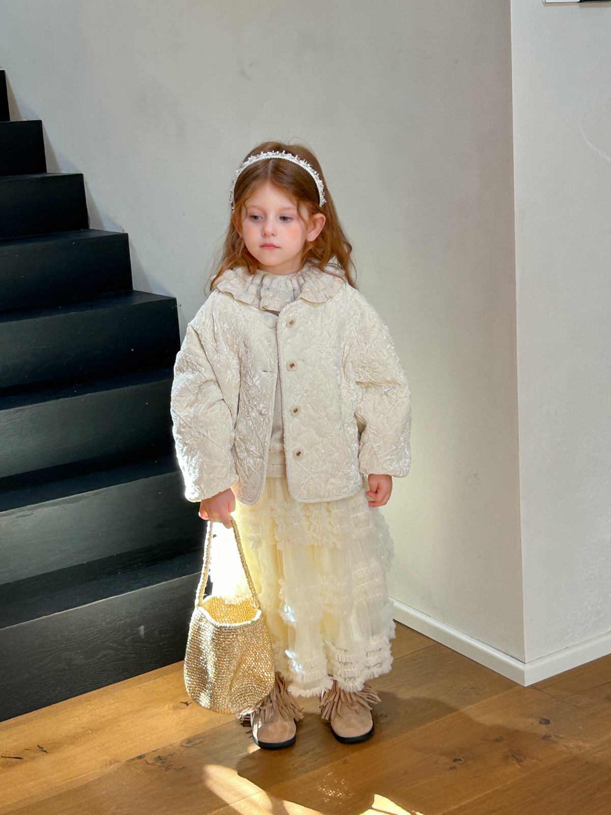 2025 Autumn/Winter New Girls' Quilted Velvet Chanel-Style Floral Cotton Jacket Embroidered Cardigan