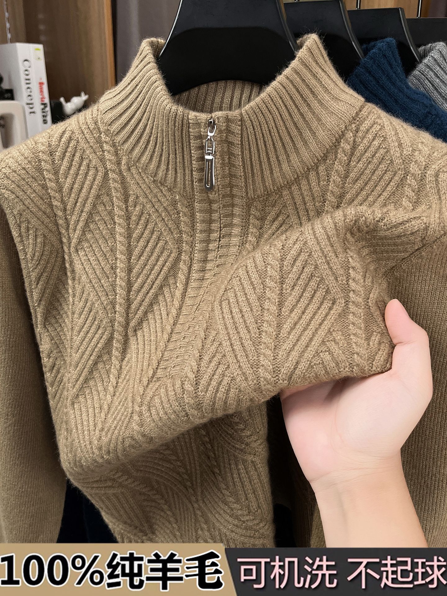 100% Pure Wool Knitwear Men's Thickeneded Middle-Aged Half Turtleneck Zipper Thick Needle Fashion Casual Knitwear Large Size Knitwear