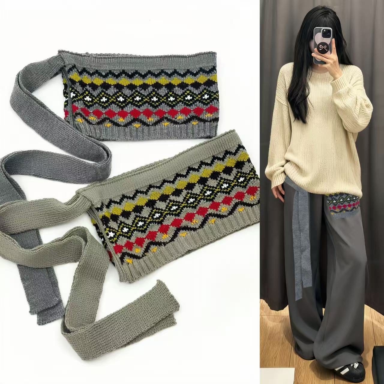 Осень и зима, новая ретро корейская стильная широкая вязаная лента с патчворком, модный универсальный свитер, кардиган, спортивные штаны