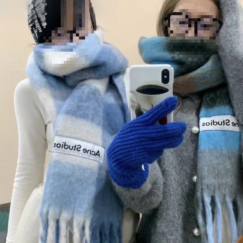 New Autumn and Winter Thickened Warm Rainbow Plaid Scarf European and American Style Loop Yarn Thick Tassel Color-Blocked Shawl