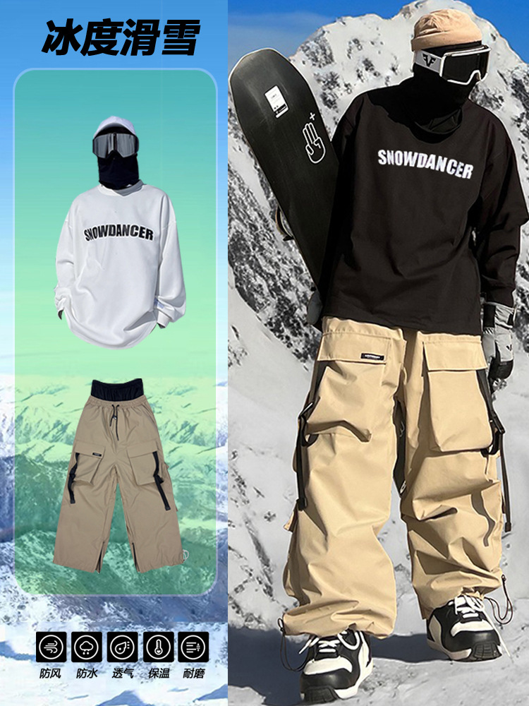 Ice Ski Suit American Multi-Flap Pocket Pants Outdoor Ski Suit Veneer Waterproof Thickeneded Warm Snow Pants for Men and Women