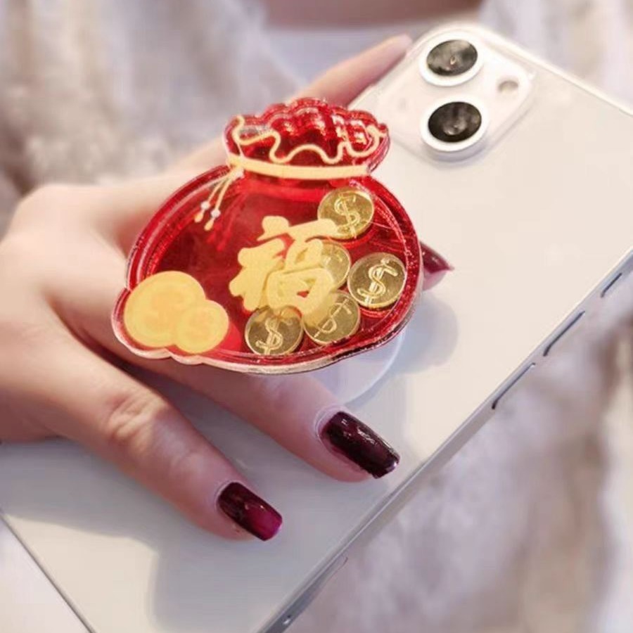 Mobile phone holder quicksand money bag finger buckle New Year lucky bag support frame multi-functional adhesive phone case Universal