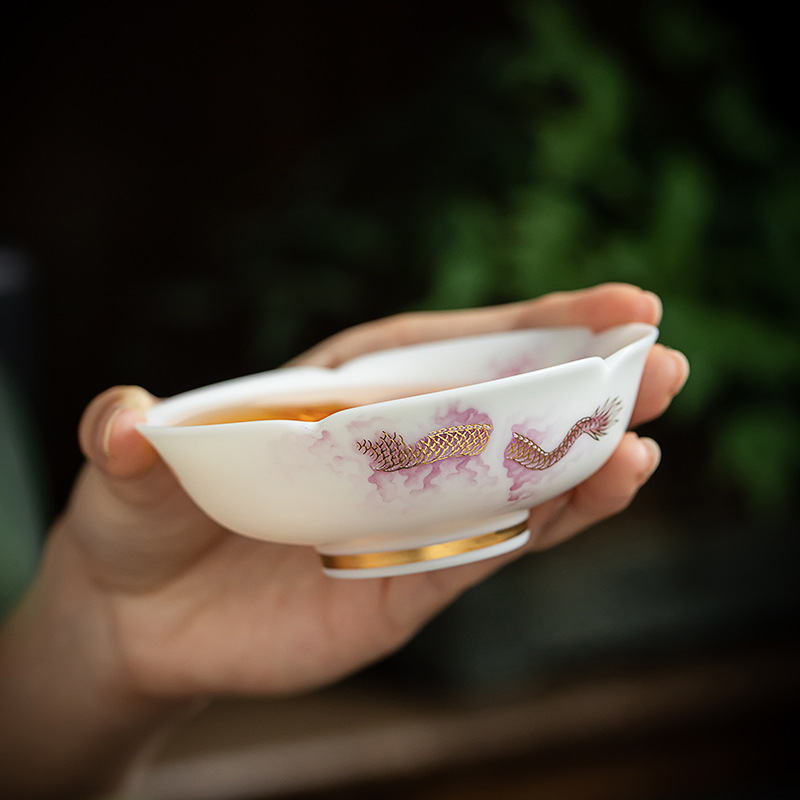 高端羊脂玉堆金龙凤茶杯个人主人茶杯白瓷茶道功夫茶具品茗杯茶盏