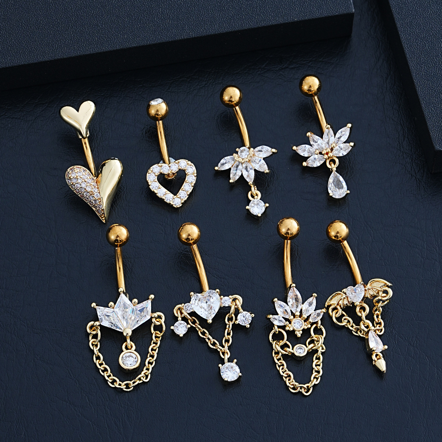 Cross-Border E-Commerce New Stainless Steel Navel Ring Heart-Shaped Zircon Micro-Paved Marquise Chain Navel Nail Piercing Jewelry