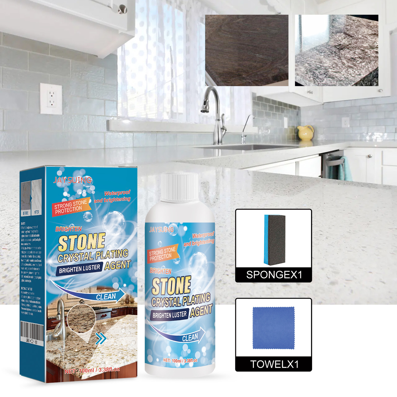 Jaysuing stone crystal plating agent kitchen quartz stone tile countertop scratch repair cleaning stain brightener