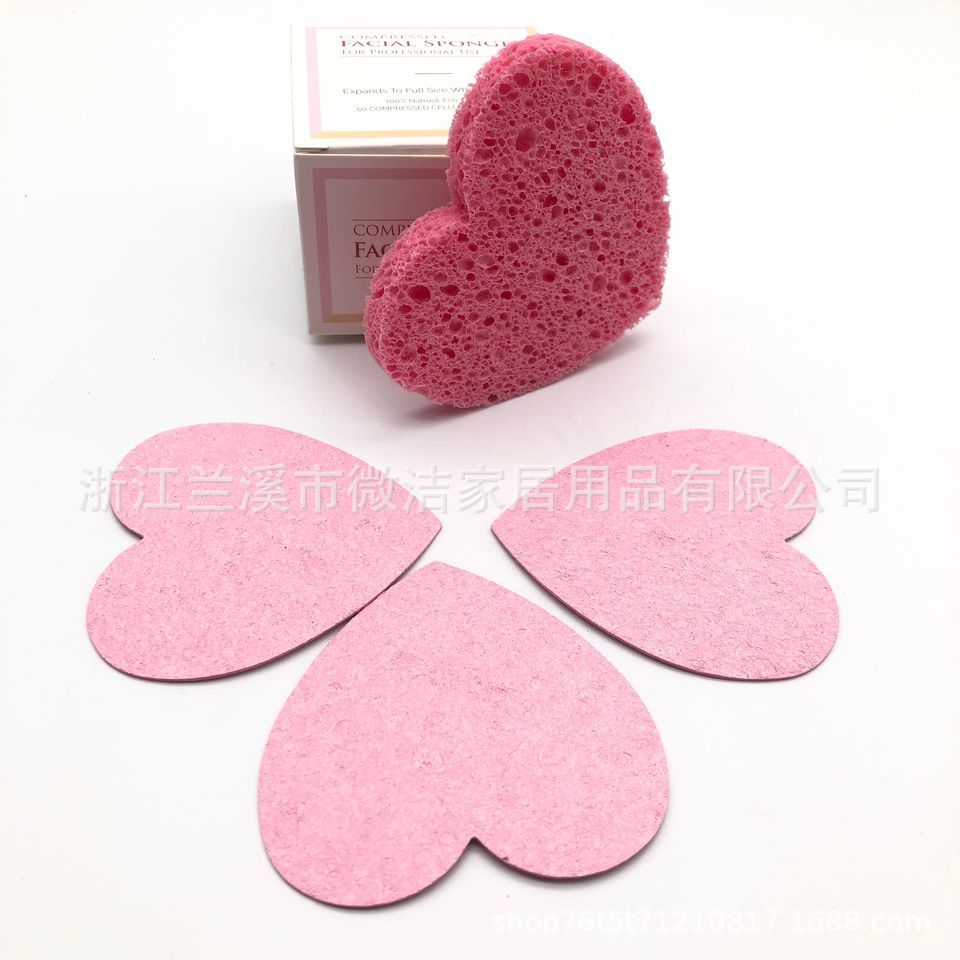 Source Factory Cross-border E-commerce Compressed Heart-shaped Wood Pulp Cotton Face Wash Makeup Remover Cleansing Sponge 5 Colors Optional