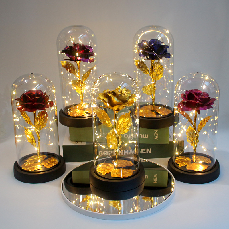 Valentine's Day Creative Gift Artificial Rose Gold Foil Flower Night Light Source Factory Ornaments for Girlfriend's Birthday and Chinese Valentine's Day
