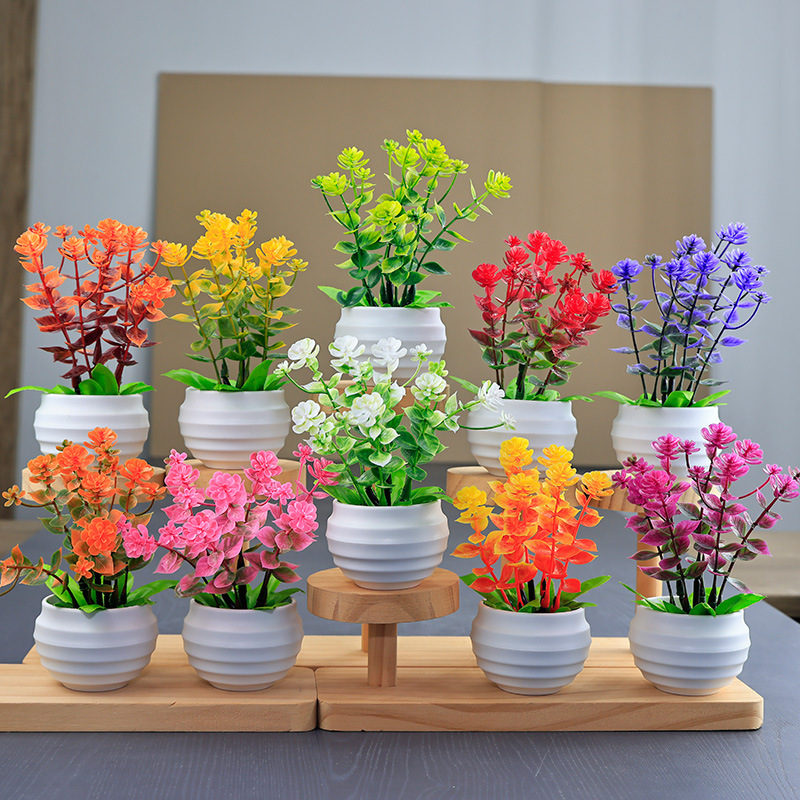 Cross-Border Artificial Flower Eucalyptus Bonsai Home Living Room Desktop Decoration Green Plant Mini Potted Plastic Artificial Flower Ornaments