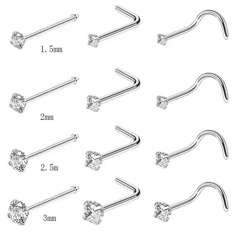 Cross-border 316 stainless steel S rod L rod straight rod four claw zircon nose nail 5 word 7 word 1 word one nose ring jewelry wholesale