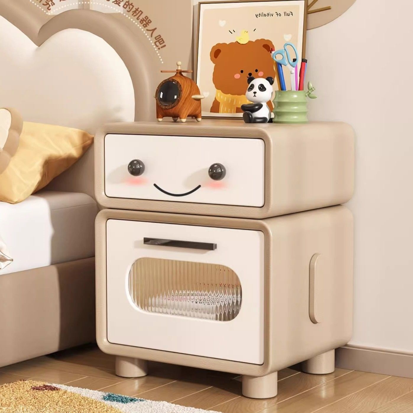 Solid Wood Bedside Cabinet Small Children's Style Robot Modern Simple Home Bedroom Light Luxury Storage Cabinet