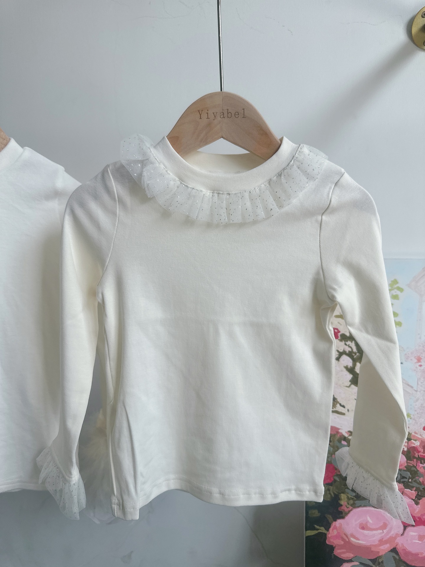 Yybr Original Design Girls Long-Sleeved T-Shirt Pure Cotton Mesh Bottoming Autum Sweet and Cute Feather Bottoming Shirt