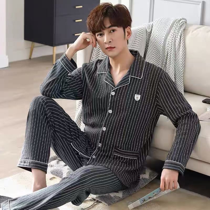 2025 Men's Pajamas Spring & Fall Long-Sleeved Pants Cardigan Loose Large Size Men's Casual Home Wear Summer