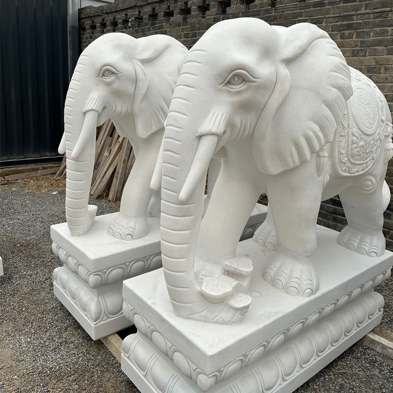 Natural white marble carved elephant a pair of villa hotel bank courtyard doorway stone elephant marble elephant ornaments