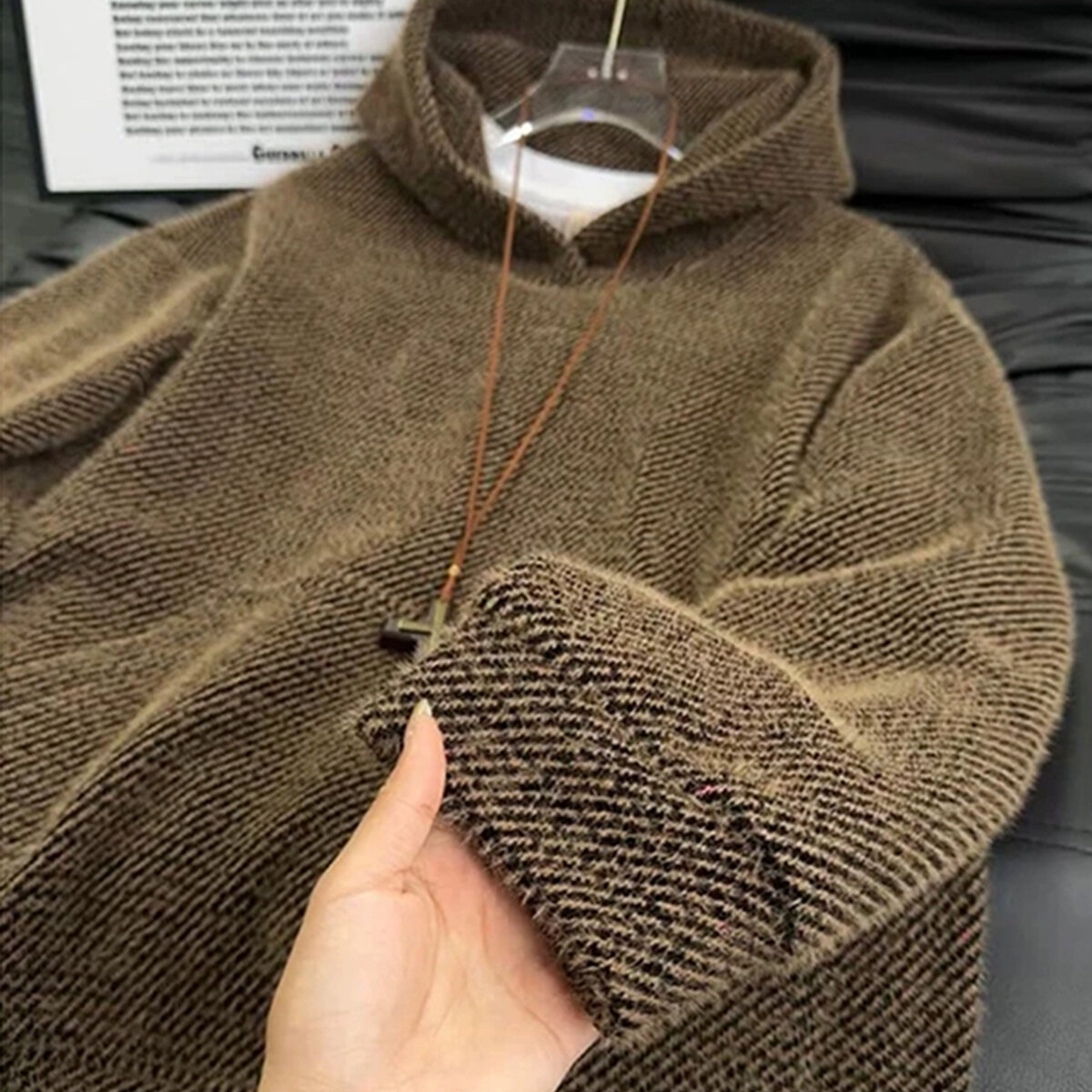 Black Starry Sky Knit Hoodie for Men, Autumn and Winter Trendy American Retro Heavy Hoodie, Chanel-Style Jacket