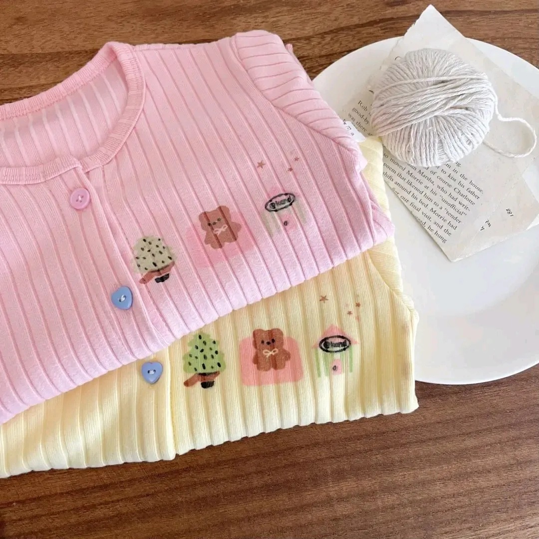 Girls' Base Shirt Soft Foreign Style Cardigan Women's Cartoon Color Button Long Sleeve Coat Korean Foreign Style Baby Children's Wear