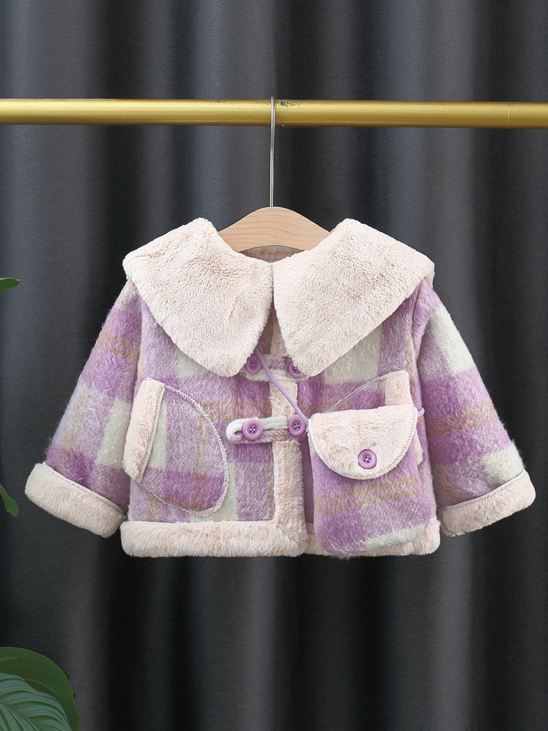 Girls' Outwears, Autumn and Winter Woolen Outwears, New Styles, Kidsren's Winter Woolen Outwears, Baby Fleece-Lined Pink Plaid, Export Trend