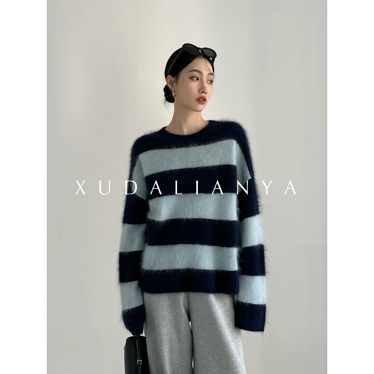 Wool Fluffy Brushed Sweater Autumn and Winter Cloud Loose Striped Sweater for Women