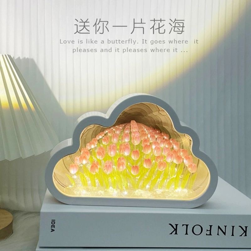 Tanabata Gift Cloud Mirror Tulip Flower Sea Night Light DIY Handmade Birthday Gift for Girls Cartoon Flowers