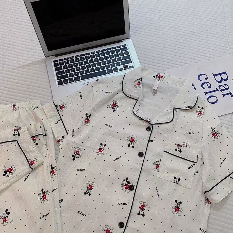 Summer Summer Porch Mickey Cloud Cotton Three-Piece Set Lapel Short-Sleeved Shorts Trousers Home Clothes Pajamas Women's Suit