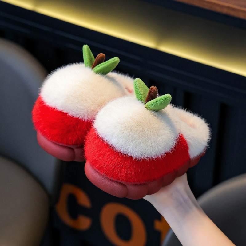 Children's Cotton Slippers Simple Apple Autumn and Winter New Style Thickeneded Home Indoor Non-Slip Korean Style Baby Cotton Shoes for Boys and Girls