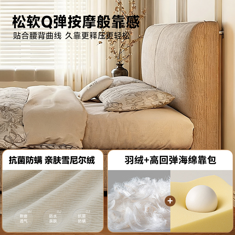 Cream-Style Fabric Bed Retro-Style Small Apartment Bedroom Bed Storage 1.8m Soft-Packed Thin Headboard Double Wedding Bed