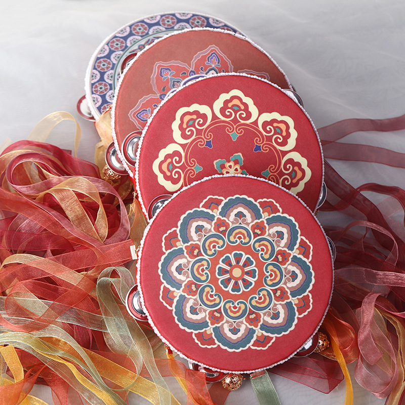 Dunhuang Style Dance Tambourine Hand-Held Drum Bell Drum Ribbon Hand Drum Chinese Trendy Ribbon Drum Hanfu Photo Props