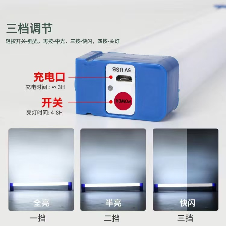 USB Rechargeable Emergency Light Tube Home Power Outage Night Market Stall Light Outdoor Super Bright LED Camping Light