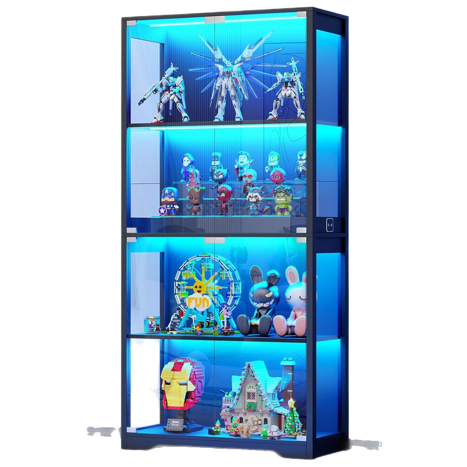 Display Cabinet with Glass Doors Four-Layer Structure Collection Cabinet Comes with Three Colors of Lights for Displaying Collecti