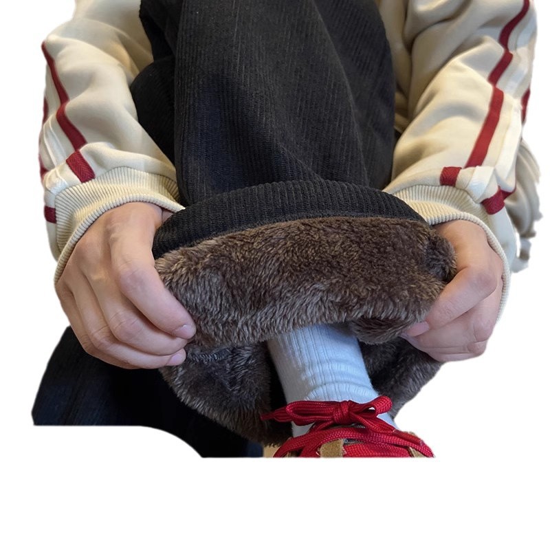 Corduroy Super Thick Cashmere Pants Men's fleece-lined Thickened Black Warm Winter Teenager One-piece Cashmere Wide-leg Pants