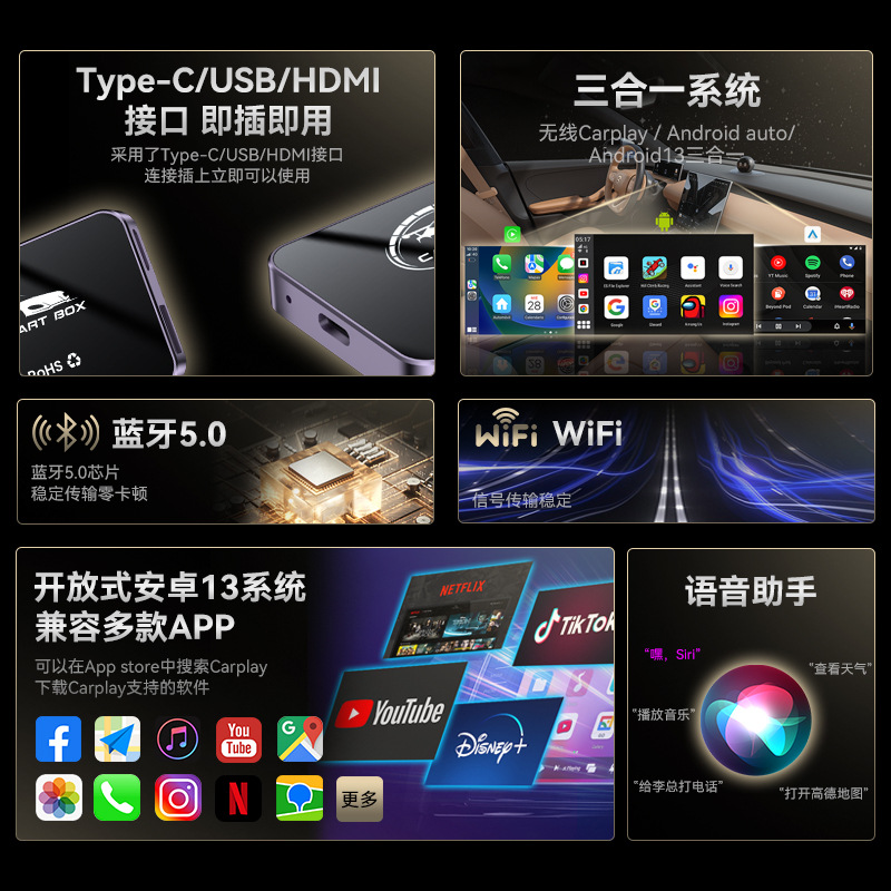 Hot Selling Car Interconnection Smart Box Aiboxcarplay Module Dual Frequency Wifihdmicarplay Box