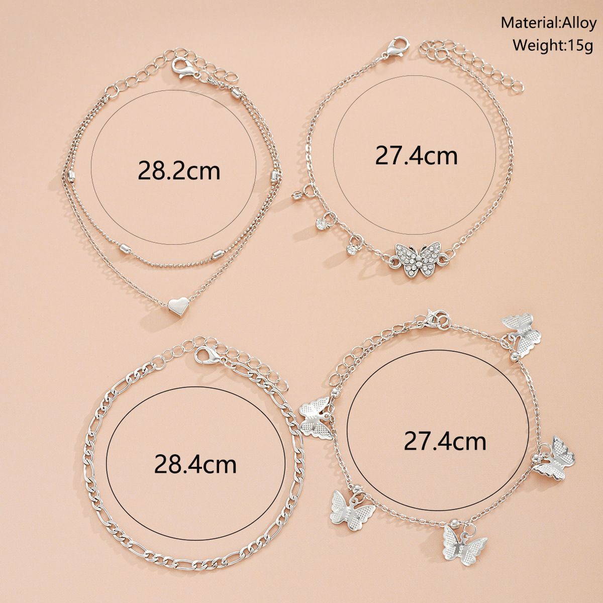 Europe and the United States cross-border new holiday beach butterfly multi-layer anklet creative round beads peach heart chain anklet suit 4 pieces