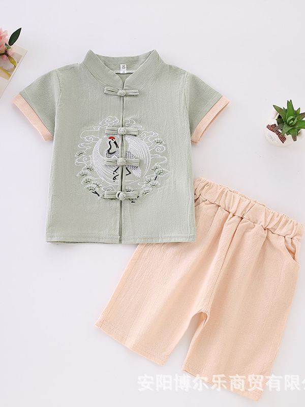 Hanfu Ethnic Style Boys' Cotton and Linen Short-Sleeve Outfit Baby Traditional Chinese Children's Tang Suit Ancient Style Performance Costume