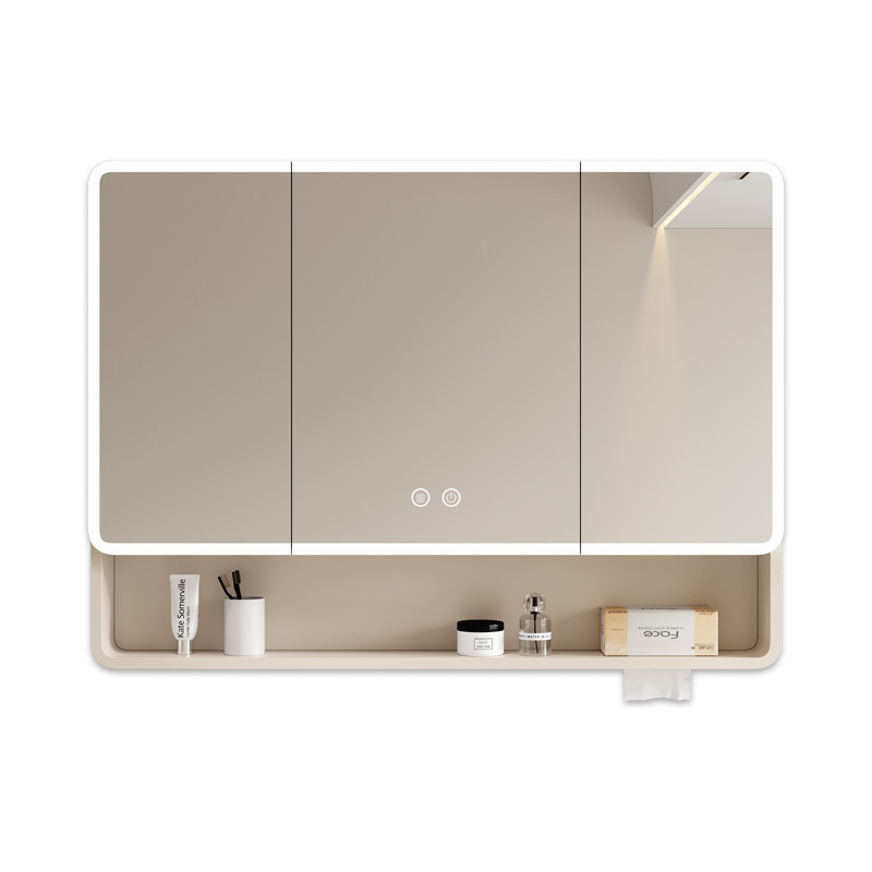 Space Aluminum Arc Intelligent Bathroom Mirror Cabinet with Lamp Bathroom Wall-mounted Storage Rack with Beauty Makeup Open Storage