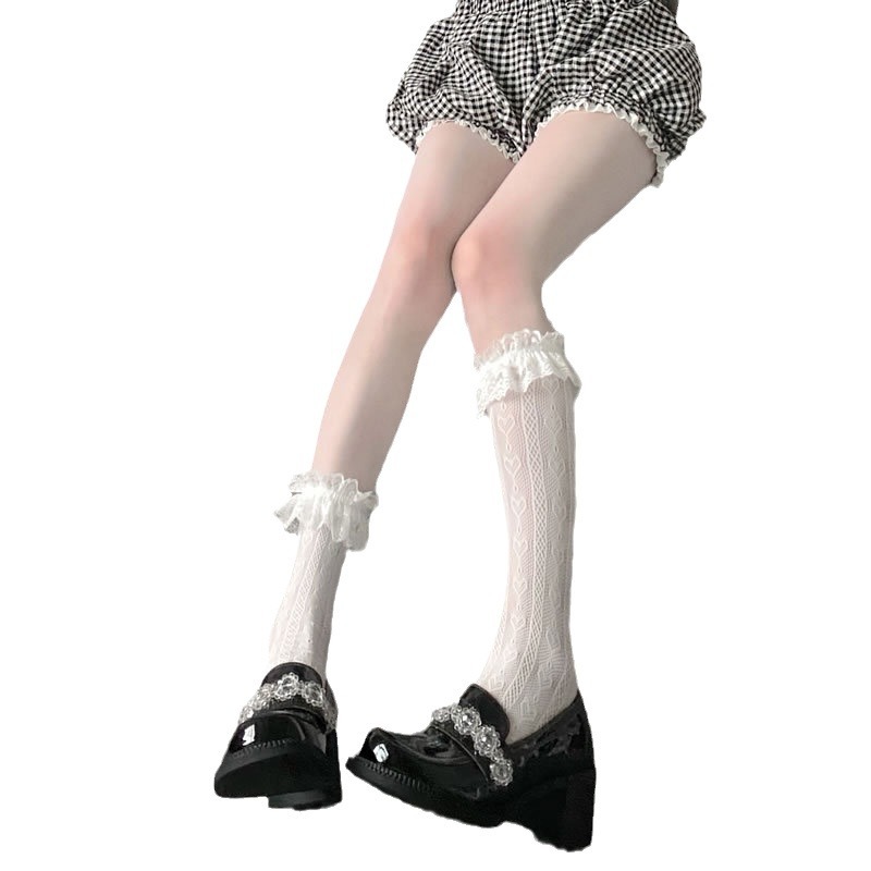 Japanese Style Mid-length Stockings Lolita Lace Cuff Stockings Women's Instagram Style Summer Thin jk College Style Stockings