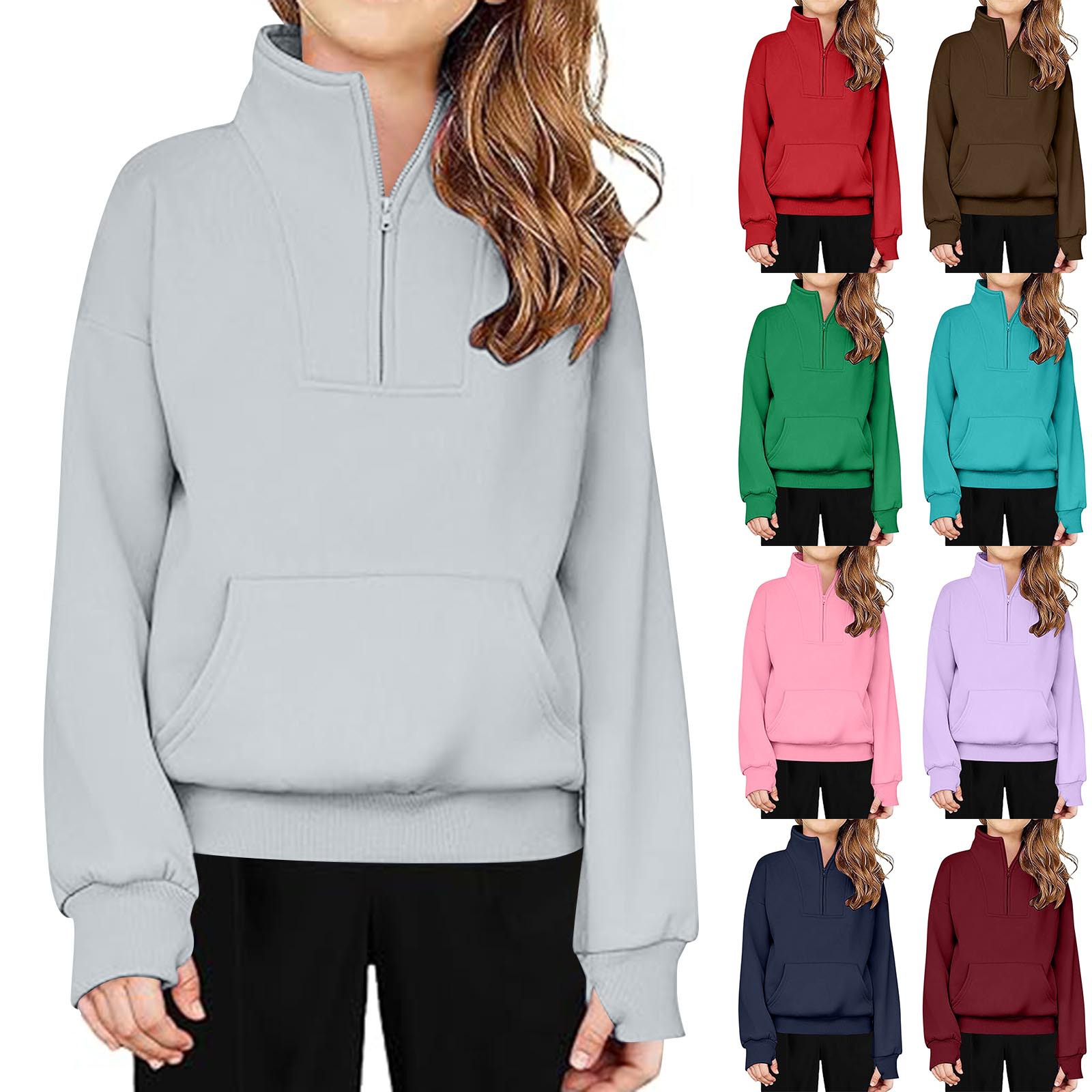 Мальчиковый и девичий свитшот с полузастежкой, вертикальный воротник, накладной карман, длинный рукав, прорезь для большого пальца, весенне-осенний топ для детей