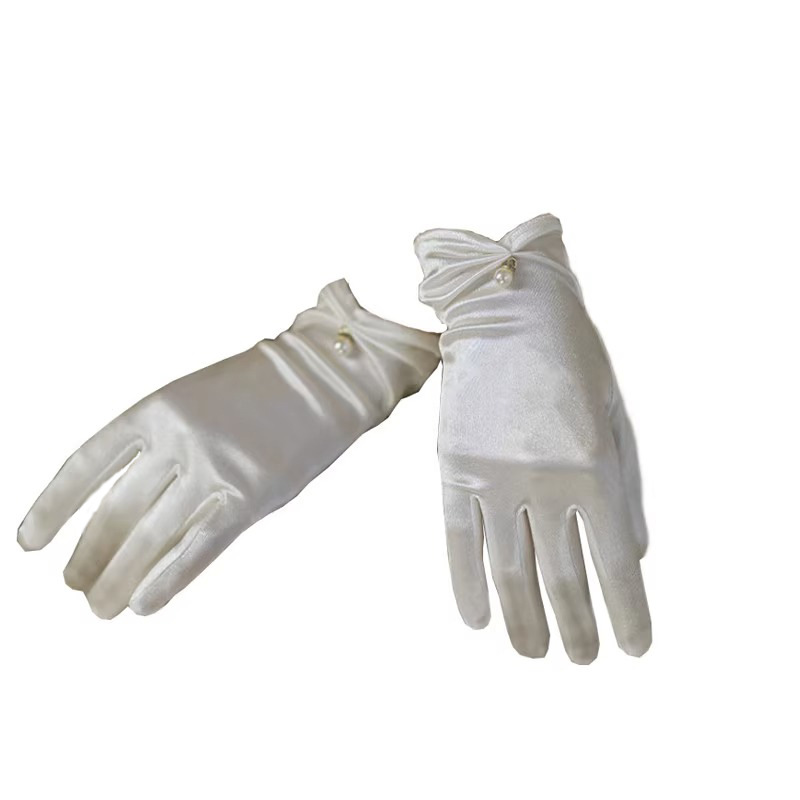 New French Hepburn style short Pearl satin bridal gloves personalized white gloves princess style photo props