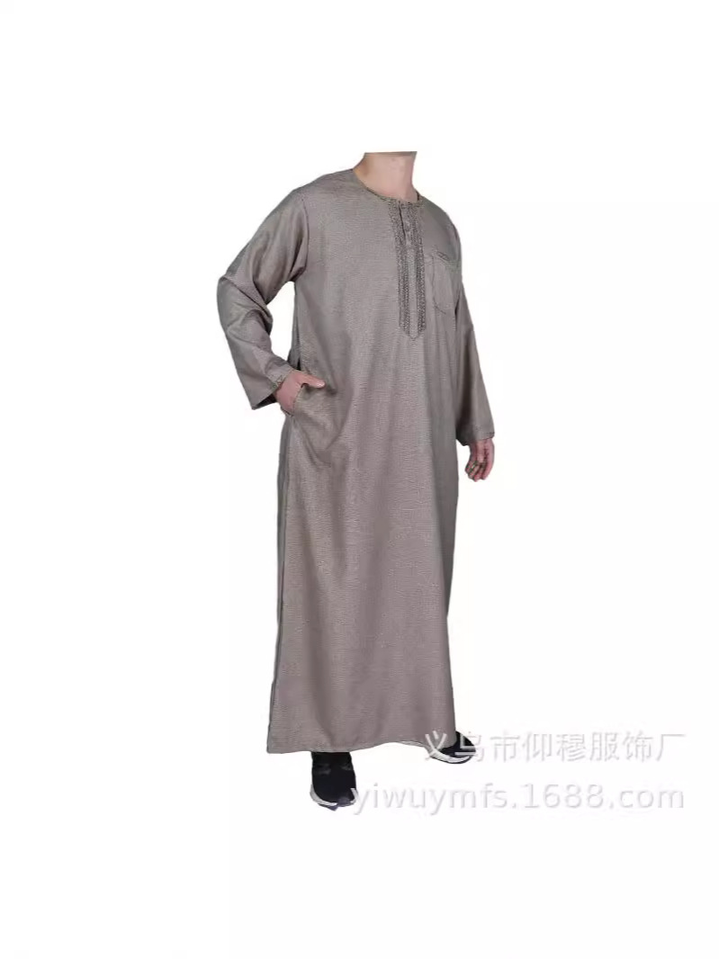 Long-Sleeved Cotton and Linen Cross-Border Trade Factory Direct Sale Round-Neck Exquisite Embroidery Moroccan Style Men's Shirt with Buttoned Pockets