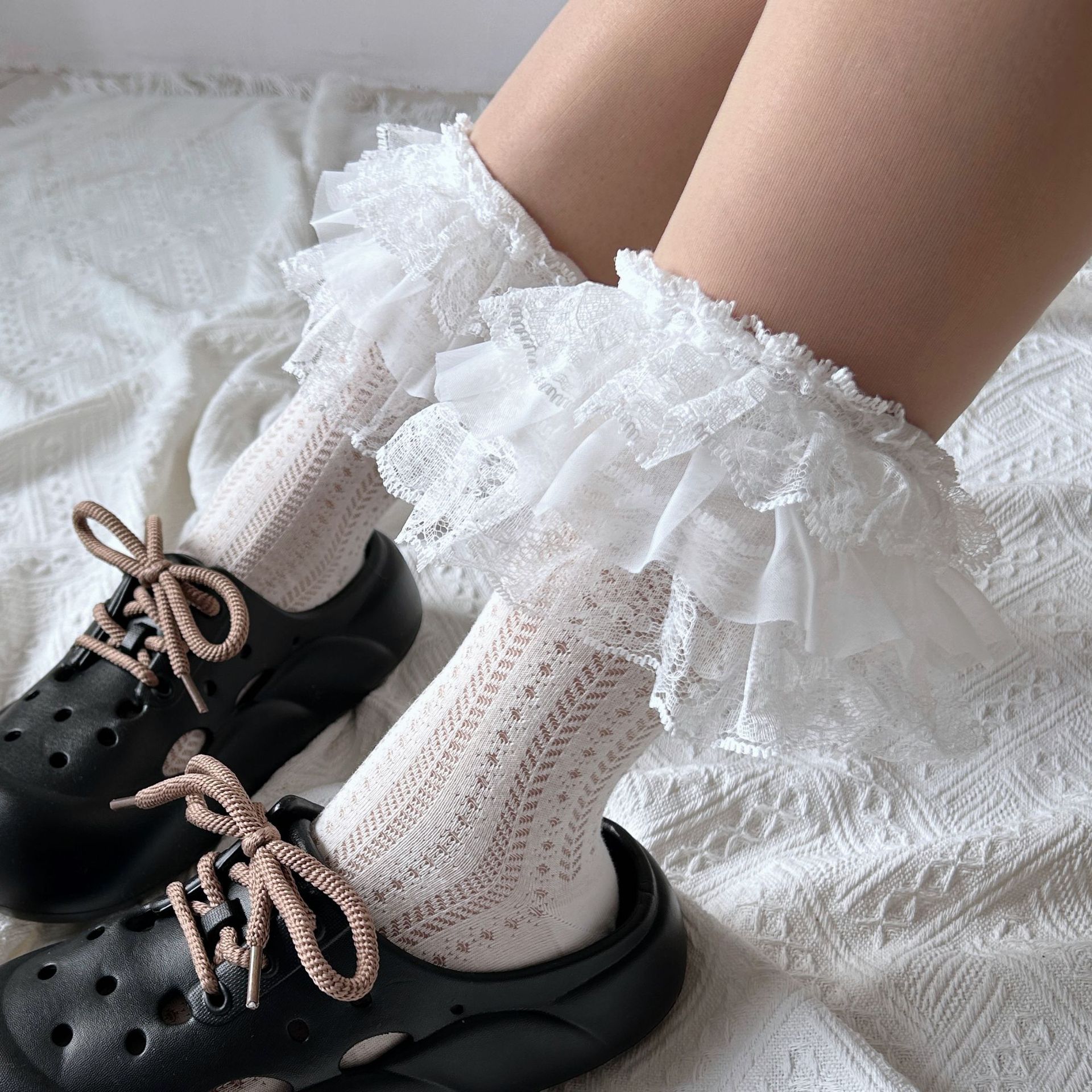 Милые трехслойные кружевные носки в японском стиле, кружевные носки с рюшами для лолиты