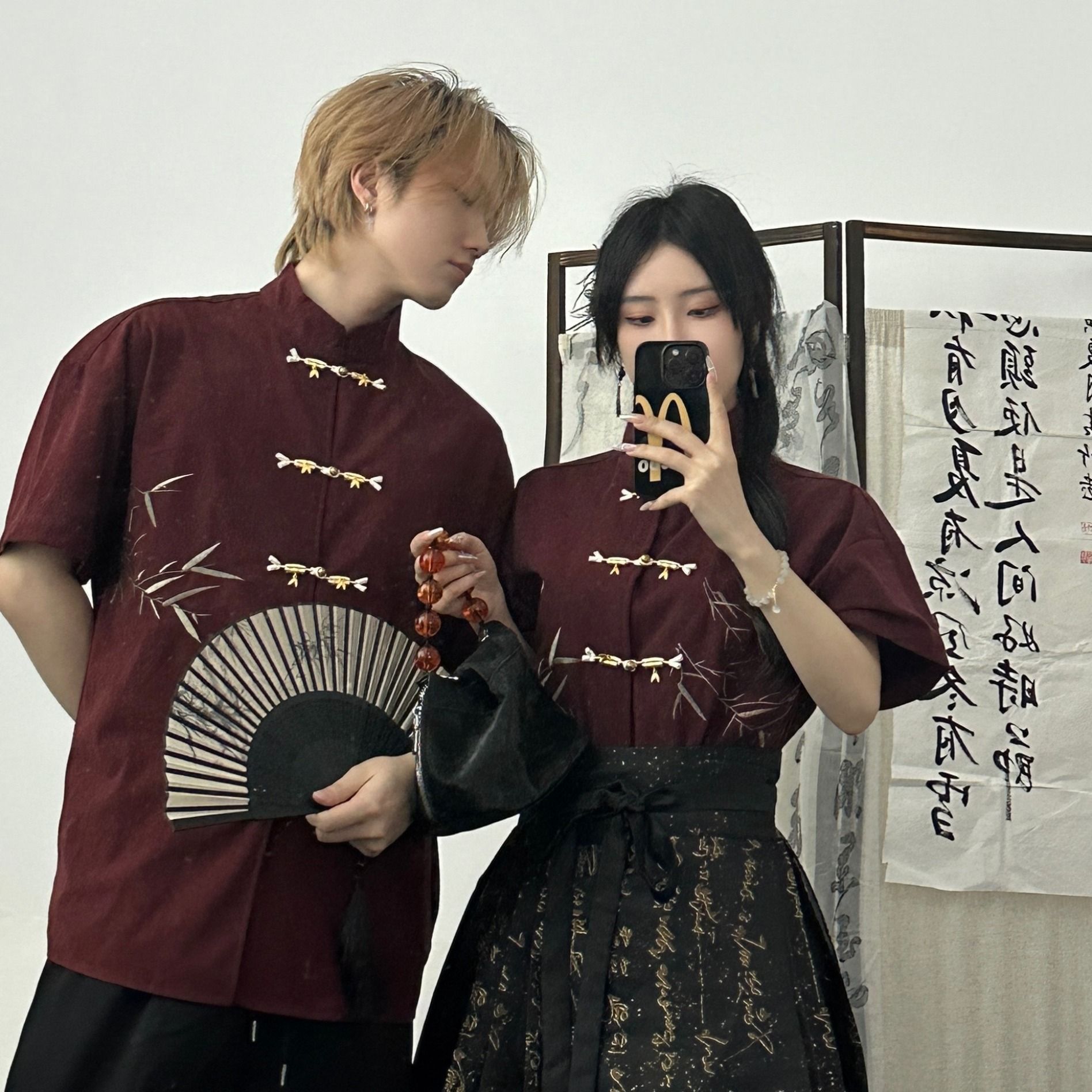 Новый китайский стиль комплект для пары 2025 лето вышитый бамбуковый лист дисковая кнопка короткий рукав рубашка китайский стиль юбка с лошадиной мордой двухкомпонентная классическая форма