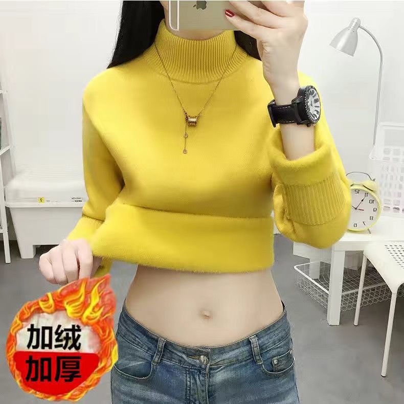 One-piece velvet sweater women's thick 2023 new fleece-lined high collar pullover with solid color base sweater wholesale