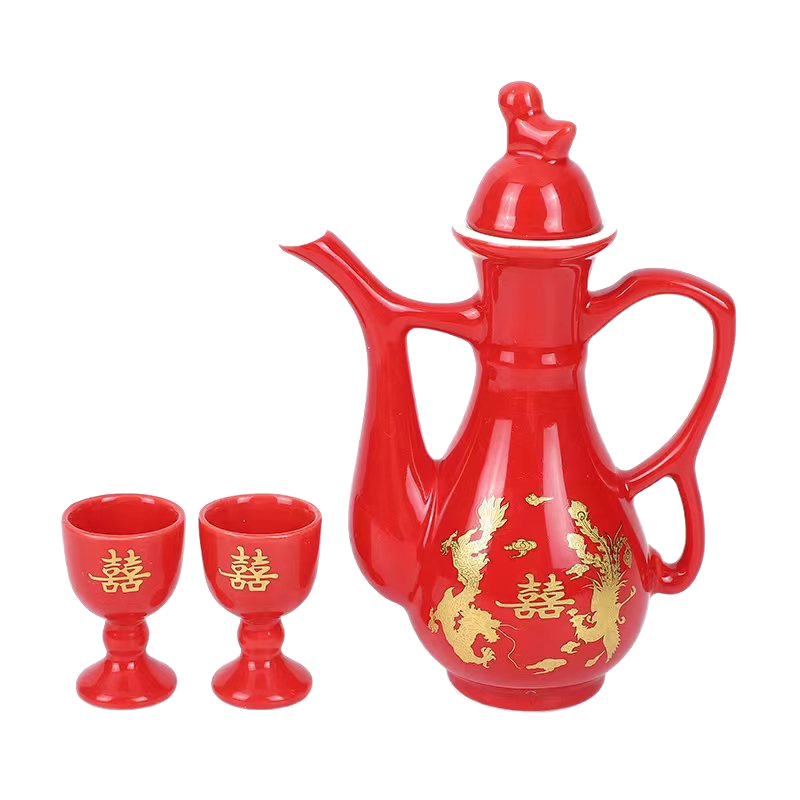 Wedding Celebration Wine Pot Set, Dragon and Phoenix Red Wedding Festive Ceramic Wine Pot and Wine Glass Set for Toasting