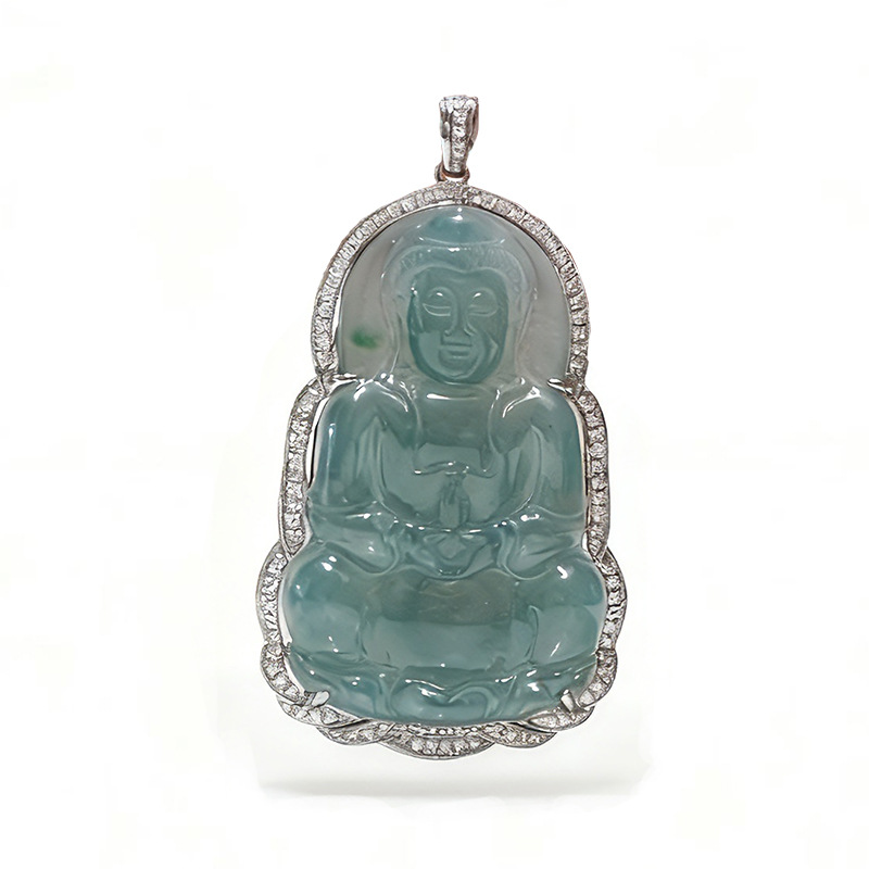 Platinum Pt950 Cultivated Diamond Jade Guanyin Inlaid Full Diamond Pendant