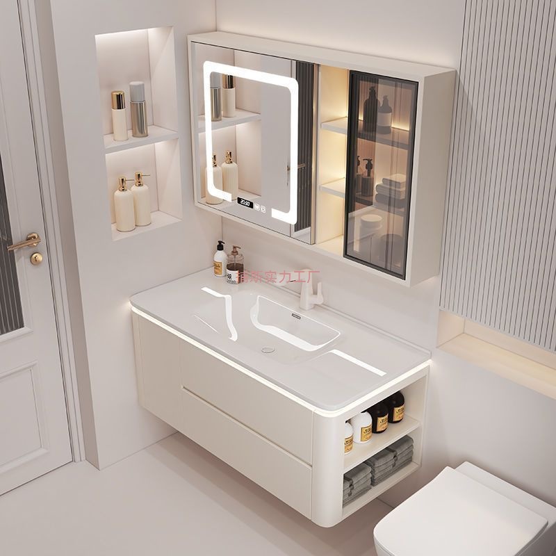 Simple Cream Washbasin Ceramic Integrated Modern Bathroom Smart Solid Wood Bathroom Cabinet Wash Combination Washbasin