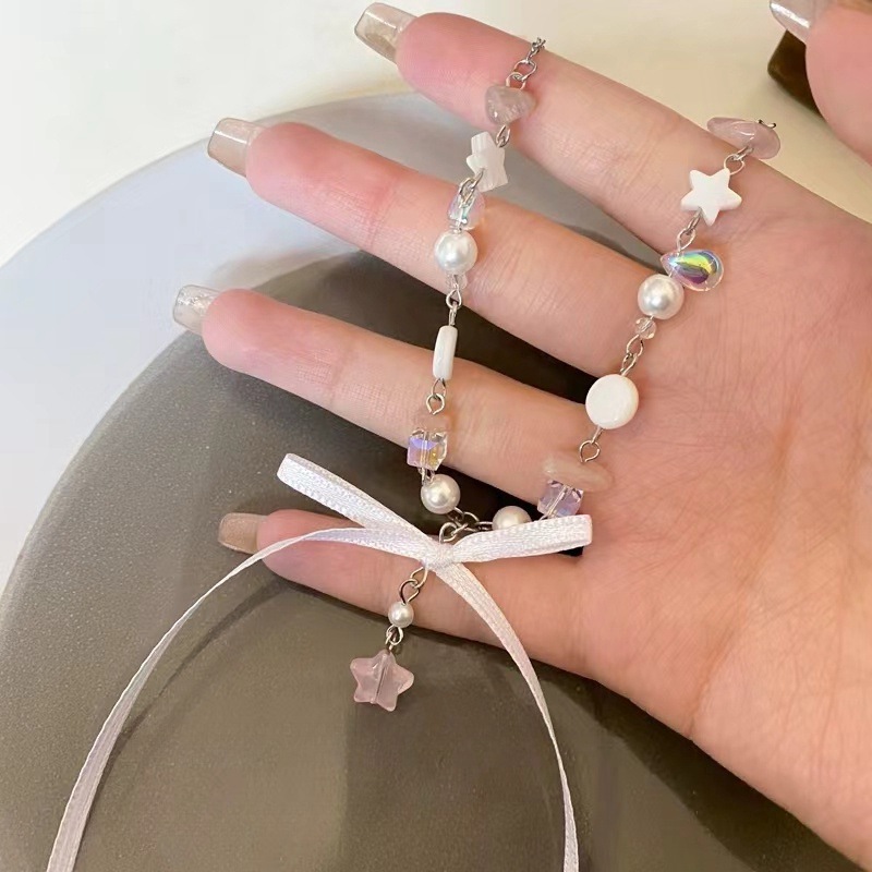 "Mianmeng Girl" Ballet Style Ribbon Bow Exquisite Dreamy Five-Pointed Star All Year Round Sweet Necklace New Style for Women