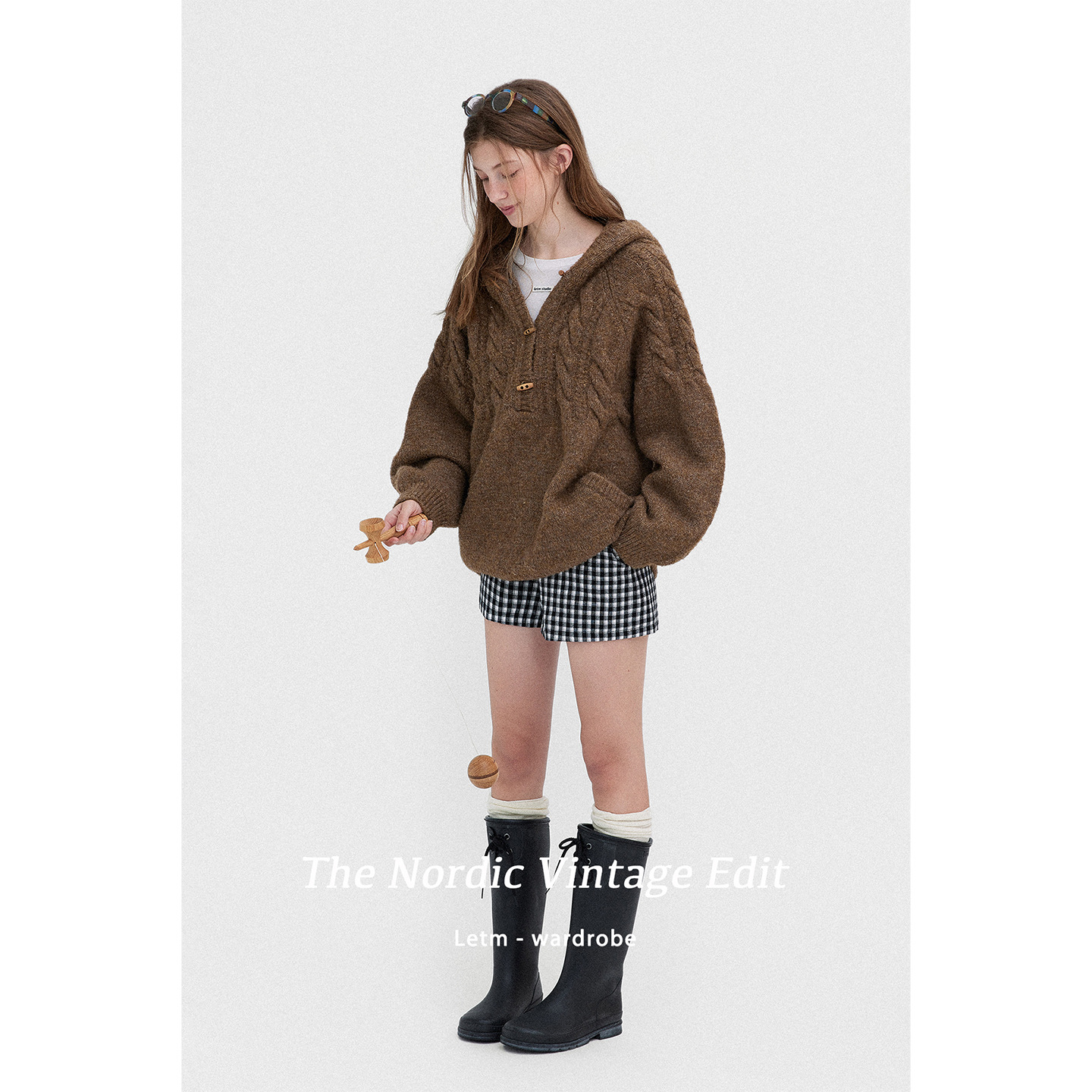 Letm Scandinavian Retro Wool Fluffy Cable Half Placket Horn Button Hooded Sweater for Women