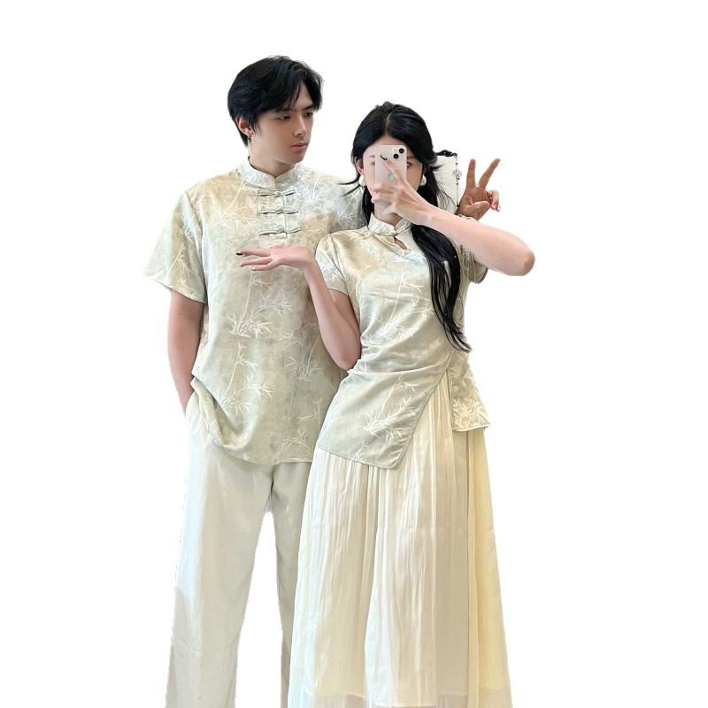 2025 summer lovers new fake two-piece new Chinese women's short-sleeved dress antique men's short-sleeved T-shirt shirt